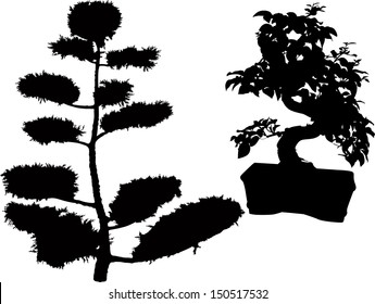 Silhouettes of trees isolated on white background