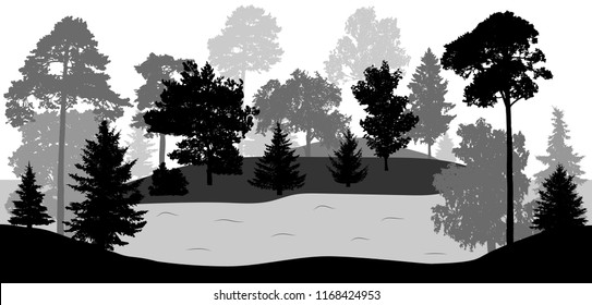 Silhouettes of trees and lake (river), vector