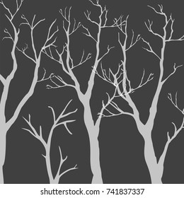 Silhouettes of trees with no leaves on dark background. Bare Trees in the darkness. Vector Illustration