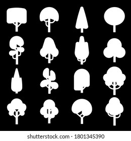 Silhouettes of trees. Simple tree icons collection for design of architectural compositions, organic eco symbol, botanical decoration concept, flat vector white shapes isolated on black background