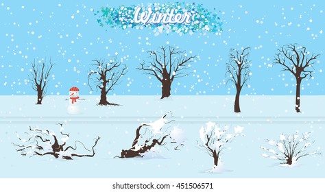 Silhouettes of trees in the snow-covered winter park. Vector illustration