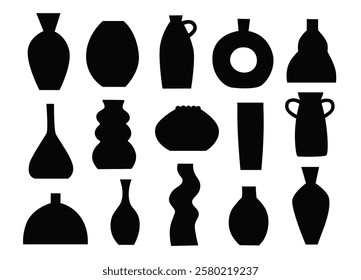 Silhouettes of trendy interior vases. Ceramic pottery in minimalistic boho style in black and white colors. 