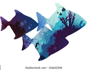 silhouettes of tropical fish. within the seabed with coral and marine life. white background, vector illustration