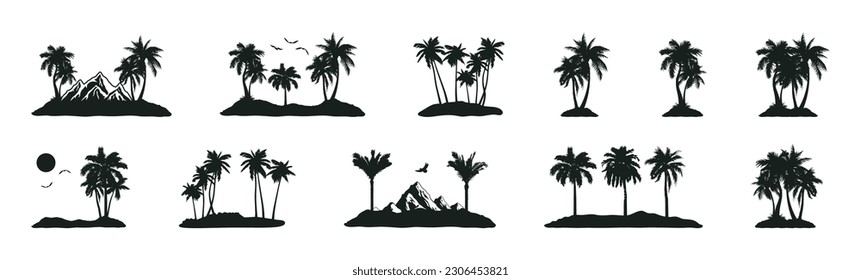 Silhouettes of tropical landscape with palm trees, mountains, sun and birds. Set of various tropical beach and ocean coast landscapes with palm trees silhouette and mountain. Vector illustration.
