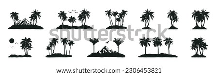 Silhouettes of tropical landscape with palm trees, mountains, sun and birds. Set of various tropical beach and ocean coast landscapes with palm trees silhouette and mountain. Vector illustration.