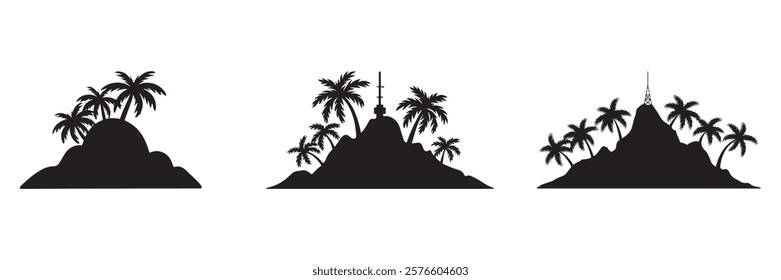 Silhouettes of tropical landscapes with palm trees and mountains. Mountain landscapes with palm trees silhouette on a white background.