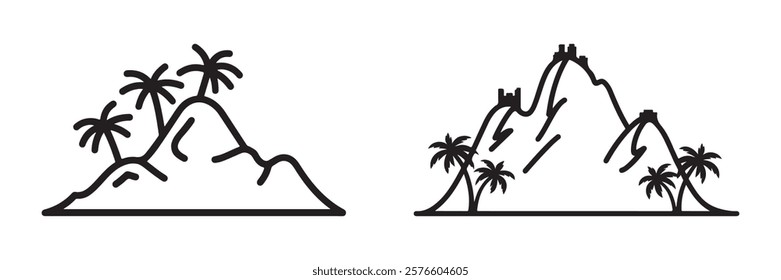 Silhouettes of tropical landscapes with palm trees and mountains. Mountain landscapes with palm trees silhouette on a white background.