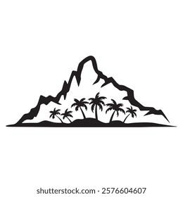 Silhouettes of tropical landscapes with palm trees and mountains. Mountain landscapes with palm trees silhouette on a white background.