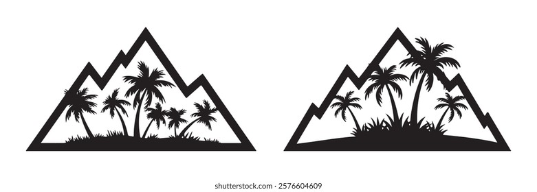 Silhouettes of tropical landscapes with palm trees and mountains. Mountain landscapes with palm trees silhouette on a white background.