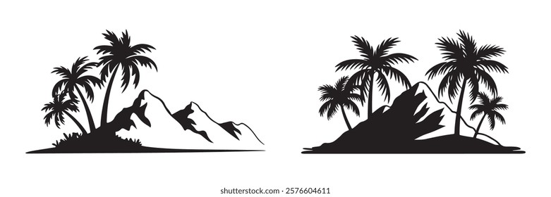 Silhouettes of tropical landscapes with palm trees and mountains. Mountain landscapes with palm trees silhouette on a white background.