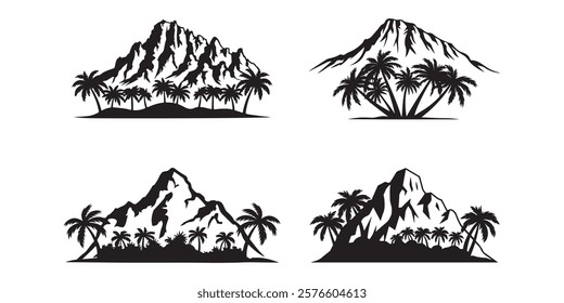 Silhouettes of tropical landscapes with palm trees and mountains. Mountain landscapes with palm trees silhouette on a white background.