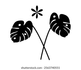 Silhouettes Tropical Monstera Leaves on Stem and Abstract Flower. Cards Design Element concept Set 3