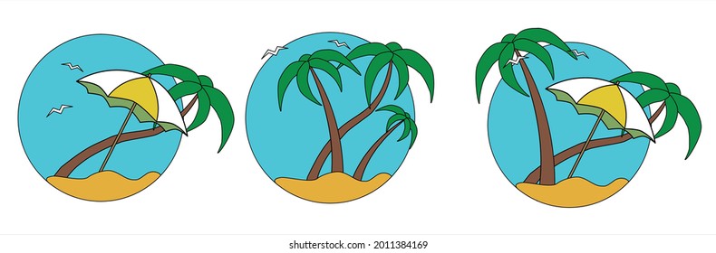 siluetas de una palmera tropical y un paraguas de playa sobre un estrado contra el cielo azul.