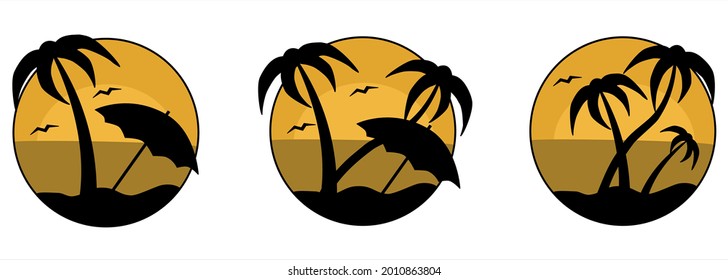 silhouettes of a tropical palm tree on the sand against the sunset background. vector illustration.