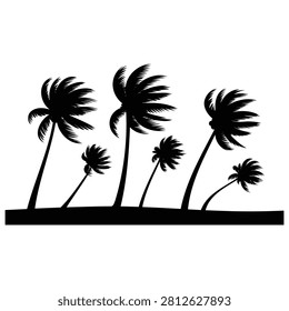 Silhouettes of tropical palm trees bending and blowing in severe hurricane winds