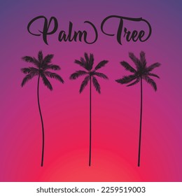 Silhouetten von tropischen Palmen. Das Vektorbild ist isoliert. Konturen von Palmen und Tropen. Farbverlauf, Sonnenuntergang, Linien, Kontur.