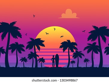 Silhouettes of tropical summer palm trees and the beach on the background of a gradient sunset. Silhouettes of surfer at summer sunset, retro vector illustration.