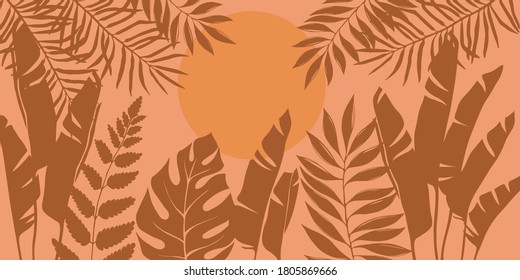 Silhouettes of tropical trees and leaves, banana, palm, monstera, fern. African landscape at sunset and dawn background. Minimalism design in flat style