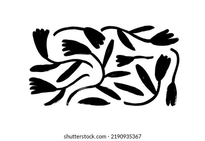 Silhouettes of tulip or narcissus stems. Naive art, infantile or childish art style. Simple abstract hand drawn various floral branches. Vector bold brush strokes isolated on white background. 