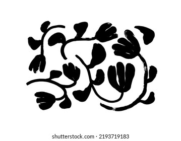 Silhouettes of tulip or narcissus stems. Naive art, infantile or childish art style. Simple abstract hand drawn various floral branches. Vector bold brush strokes isolated on white background. 