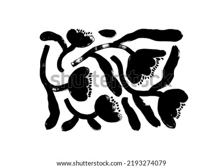 Silhouettes of tulip or narcissus stems. Naive art, infantile or childish art style. Simple abstract hand drawn various floral branches. Vector bold brush strokes isolated on white background.  ストックフォト © 
