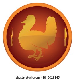 Silhouettes of turkey, fork and knife for Thanksgiving dinner inside round button, isolated over white background.