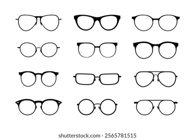 Silhouettes of twelve different eyeglass frame styles, featuring a variety of shapes and designs.