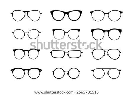 Silhouettes of twelve different eyeglass frame styles, featuring a variety of shapes and designs.