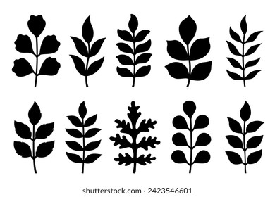 Silhouettes of twigs with leaves. Vector autumn or spring illustrations. Isolated on white background. Flat style. Simple plant outlines for paper or laser cutting and printing on any surface.