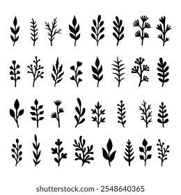 Silhouettes of twigs and leaves. Vector autumn or spring illustrations. Isolated on white background. Flat style. Simple plant outlines for paper or laser cutting and printing on any surface.