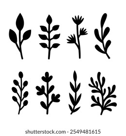 Silhouettes of twigs and leaves. Vector autumn or spring illustrations. Isolated on white background. Flat style. Simple plant outlines for paper or laser cutting and printing on any surface.