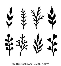 Silhouettes of twigs and leaves. Vector autumn or spring illustrations. Isolated on white background. Flat style. Simple plant outlines for paper or laser cutting and printing on any surface.