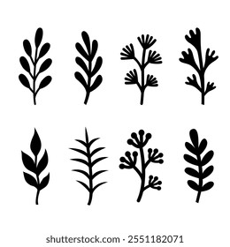 Silhouettes of twigs. Leaves. Vector autumn or spring illustrations. Isolated on white background. Flat style. Simple plant outlines for paper or laser cutting and printing on any surface.