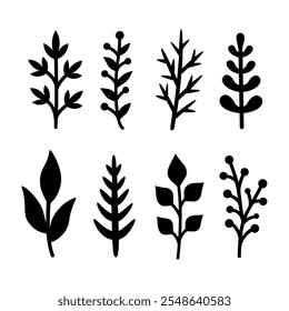 Silhouettes of twigs. Vector autumn or spring illustrations. Isolated on white background. Flat style. Simple plant outlines for paper or laser cutting and printing on any surface.