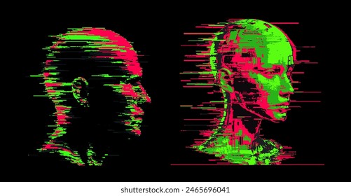 Silhouettes of two 3D distorted human heads of a man and a woman on a dark background. Conceptual image of virtual reality and facial recognition systems.