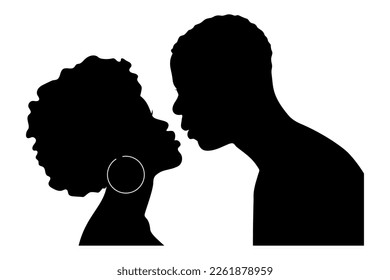 Silhouettes of two Africans in love. The girl and the guy look at each other. Black and white vector image.