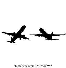 Siluetas de dos aviones volando en direcciones opuestas, capturadas contra un simple fondo blanco. La Imagen evoca temas de viajes, aventuras y aviación.