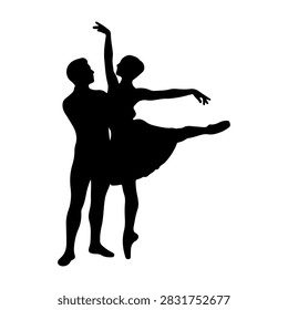 Silhouettes of two ballet dancers executing a graceful dance pose, showcasing elegance, balance, and artistic expression in a captivating performance.