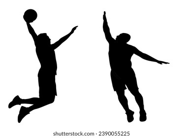 silhouettes of two basketball players in different action.