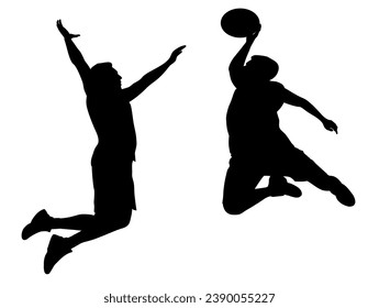 siluetas de dos jugadores de baloncesto en acción diferente.