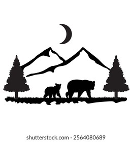 Silhouettes of two bear in forest with mountain landscape. Landscape with bear silhouette and forest