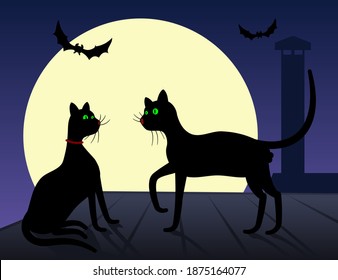 Silhouettes of two black cats on the background of the moon. Flying bats at night. Vector illustration.