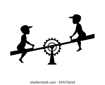 Silhouettes of two boys who are swinging on a swing board.