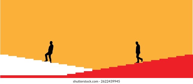 Silhouettes of Two Business People Going Up and Down on Stairs. Business people, making a career and achieving goals vector art