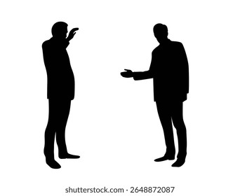 Silhouettes of Two Business People Greeting Each Other Isolated on White. People and activities, white collar work discussion vector art