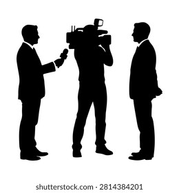 Silhouettes of two businessmen and a cameraman during an interview or media recording session, emphasizing communication and media production.