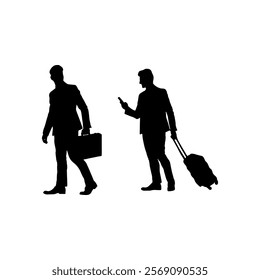 Silhouettes of two businessmen in formal attire, one holding a briefcase and the other pulling luggage while using a smartphone, representing travel, business mobility, and communication.