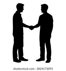 Silhouettes of two businessmen shaking hands, symbolizing agreement, partnership, or successful negotiation in a professional setting.