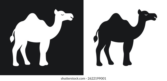Silhuetas de dois camelos representadas em espaço positivo e negativo sobre um fundo dividido