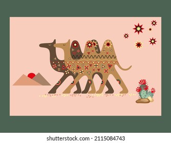 Silhouettes of two camels in oriental style with ornaments and decorative graphic elements